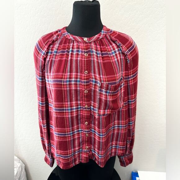 ANTHROPOLOGIE | Pilcro Red Plaid Button Front Long Sleeve Blouse | Medium - Picture 3 of 8